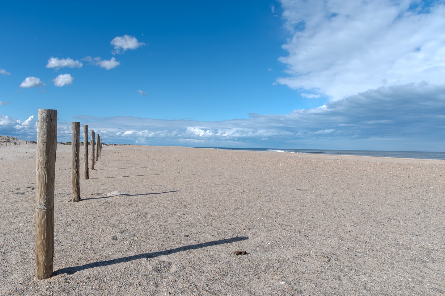 A minimal beach with weathered posts sits beneath a broad blue sky.